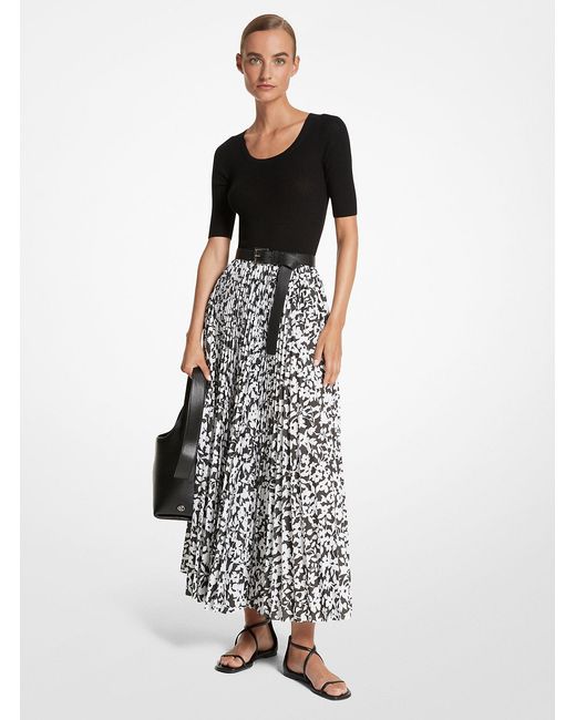 Michael Kors White Floral Print Pleated Poplin Maxi Skirt