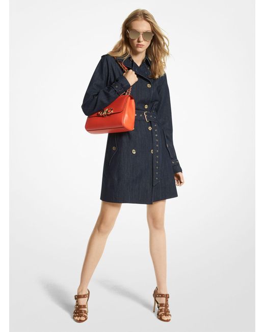 Michael Kors Blue Stretch Denim Belted Trench Coat