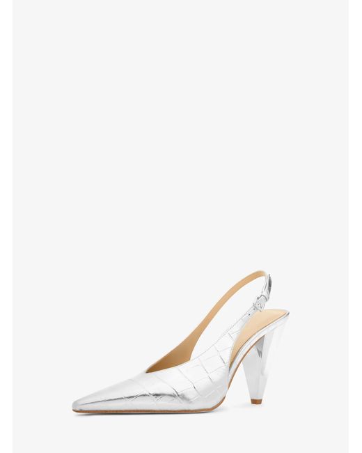 MICHAEL Michael Kors White Mk Electra Metallic Crocodile Embossed Leather Slingback Pump