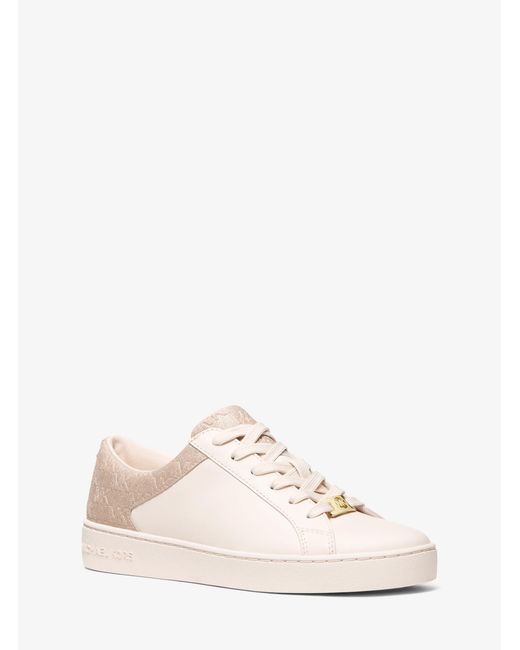 MICHAEL Michael Kors Natural Mk Keaton Leather And Glitter Logo Embossed Trainers