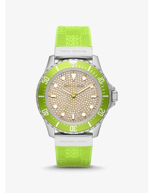 Michael Kors Green Oversized Slim Everest Pavé Silver-tone And Embossed Silicone Watch