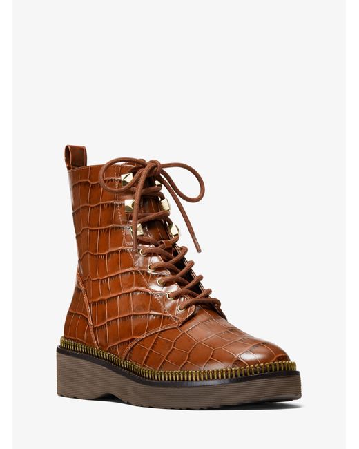 Michael Kors Brown Haskell Crocodile Embossed Leather Combat Boot