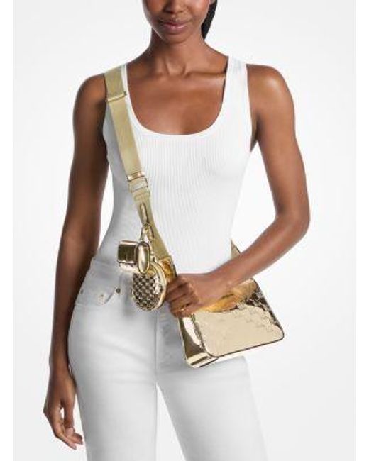 Michael Kors White Jet Set Small Metallic Logo Debossed Crossbody Bag With Case For Apple Airpods Pro