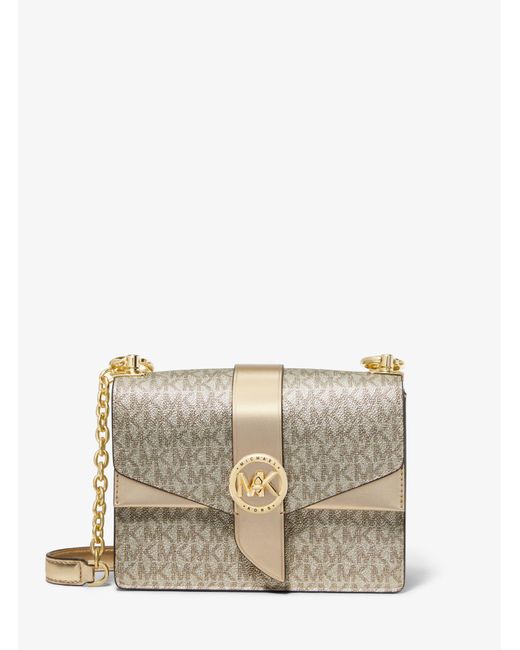 Michael Kors Natural Greenwich Small Metallic Logo And Faux Leather Crossbody Bag