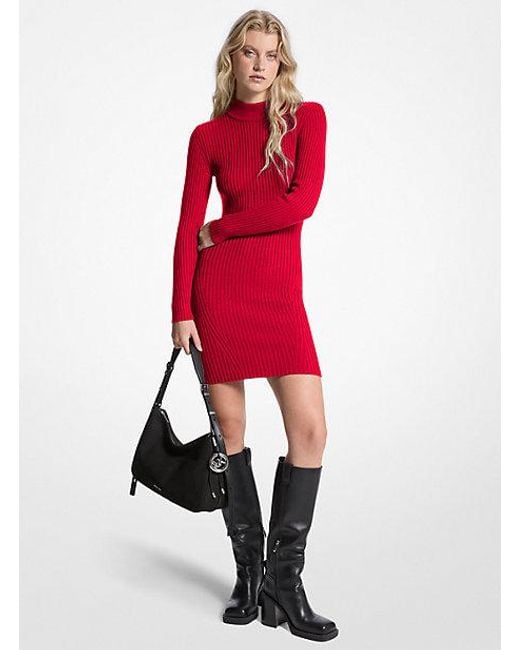 Michael Kors Red Ribbed Stretch Wool Mock Neck Dress