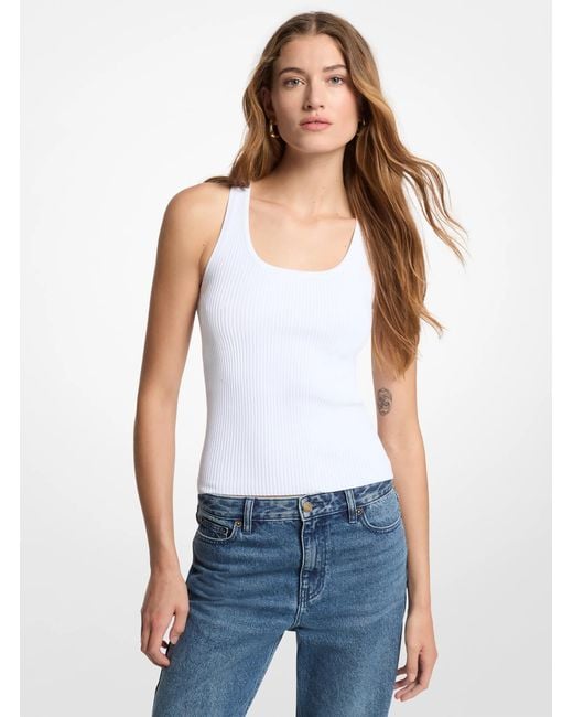Michael Kors White Ribbed Scoop Neck Tank Top