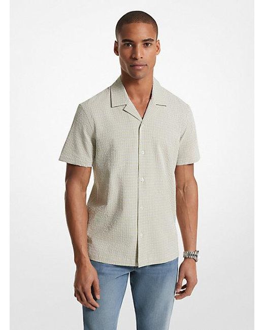 Michael Kors White Mk Gingham Seersucker Stretch Cotton Shirt for men