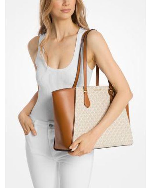 Michael Kors White Taryn Large Signature Logo And Leather Tote Bag