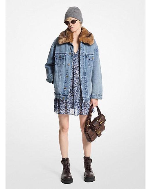 MICHAEL Michael Kors Blue Oversized Denim Trucker Jacket Faux Fur Collar
