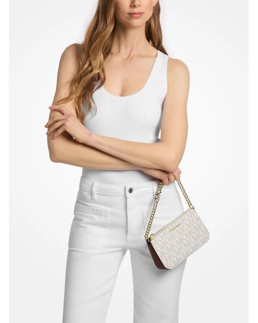 Michael Kors Outlet Natural Mk Jet Set Small Signature Logo Chain Pochette