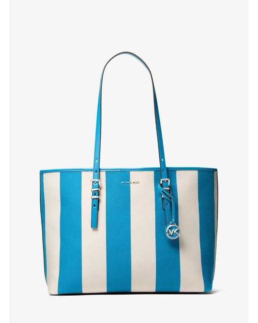 Michael Kors Blue Mk Quinn Large Striped Canvas Tote Bag