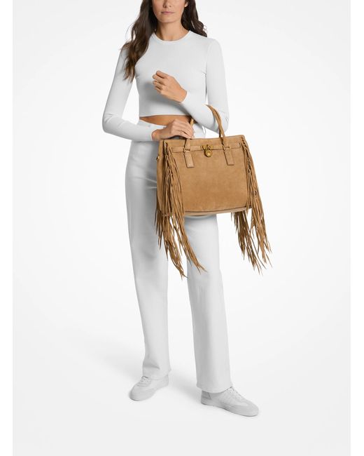 MICHAEL Michael Kors White Hamilton Moderne Large Fringed Suede Satchel