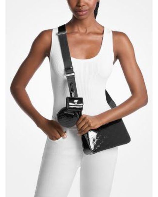 Michael Kors White Jet Set Small Patent Logo Debossed Crossbody Bag With Case For Apple Airpods Pro