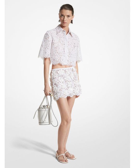 Michael Kors White Mk Hand-Embroidered Floral Lace Skirt