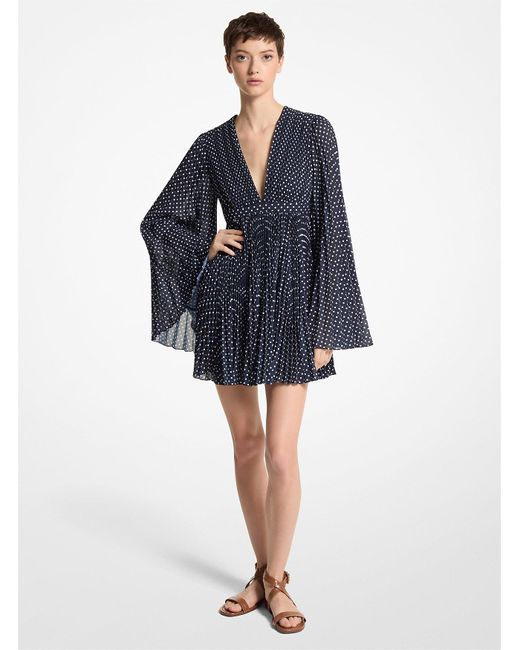 Michael Kors Blue Pleated Long Sleeve Minidress