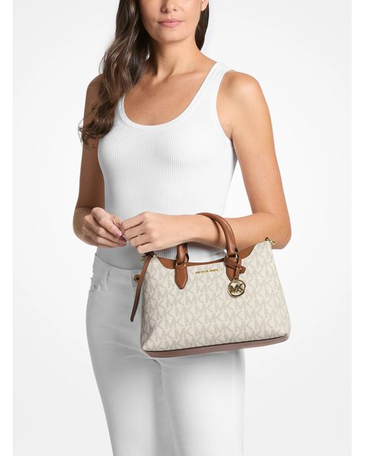 Michael Kors Outlet Natural Mk Austen Small Signature Logo Satchel
