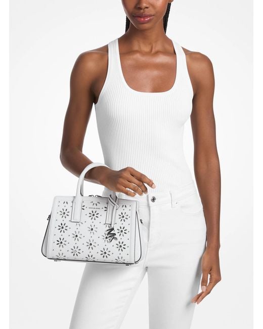 MICHAEL Michael Kors White Mk Laila Small Embellished Laser Cut Leather Satchel