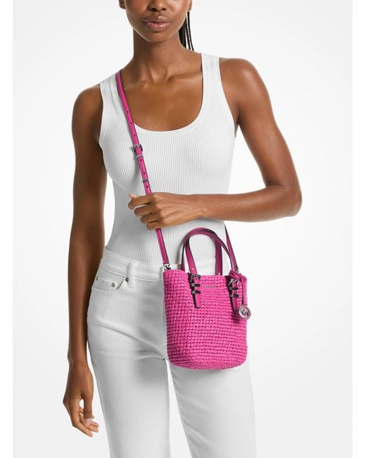 MICHAEL Michael Kors Pink Mk Quinn Extra-Small Hand-Crocheted Straw Crossbody Bag