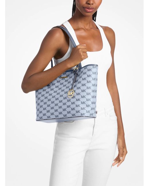 Michael Kors Outlet Blue Mk Jet Set Medium Logo Jacquard Tote Bag