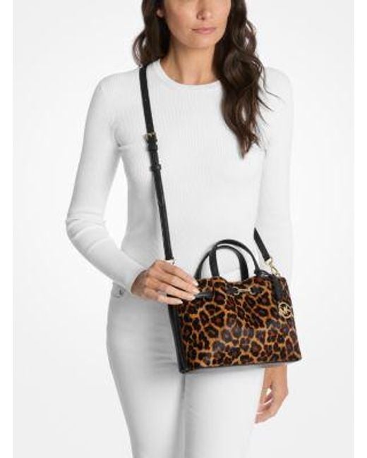 Michael Kors Brown Carson Small Leopard Print Calf Hair Satchel