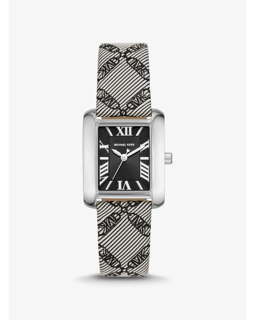 Reloj Emery mini en tono plateado de jacquard con logotipo imperio Michael Kors de color White