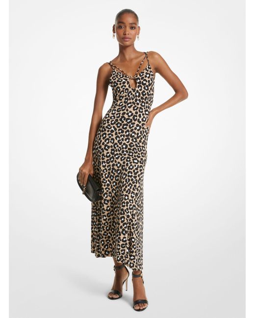 Michael Kors White Leopard Print Matte Jersey Cutout Slip Dress