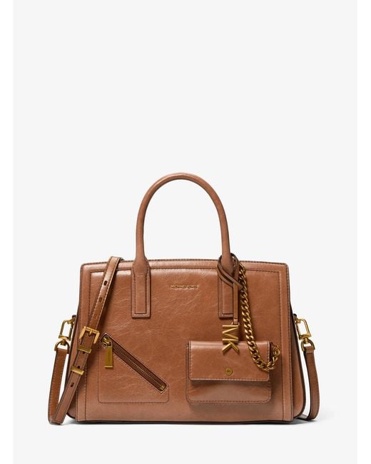 MICHAEL Michael Kors Brown Mk Laila Medium Crackled Leather Satchel With Card Case