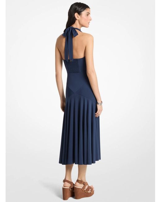Michael Kors Blue Stretch Matte Jersey Halter Midi Dress