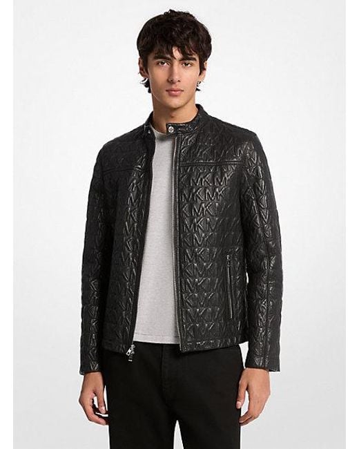 Michael Kors Logo Embossed Leather Racer Jacket in Gray for Men | Lyst