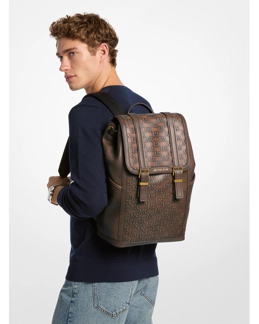 Michael Kors Brown Colby Medium Logo Embossed Burnished Leather Backpack for men