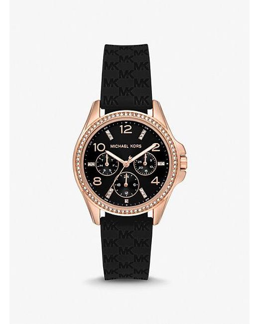 Michael Kors Black Mini Pilot Pavé Rose Gold-tone And Logo Silicone Watch