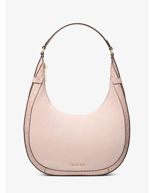 Michael Kors Outlet Pink Mk Preston Large Suede And Signature Logo Crescent Shoulder Bag