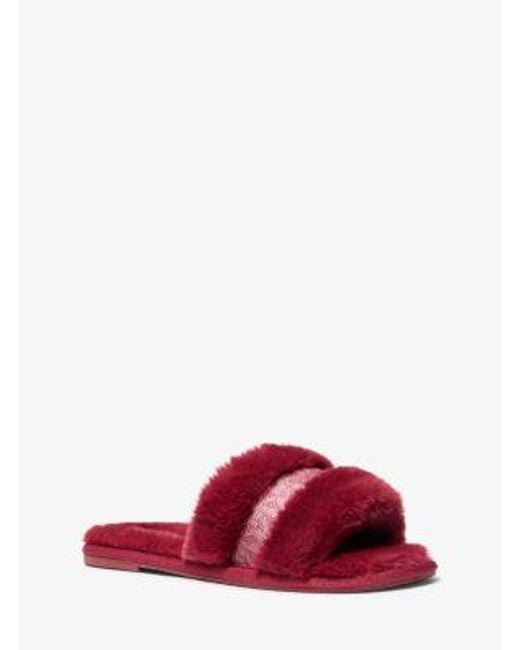 Michael Kors Red Alexis Faux Fur And Metallic Signature Logo Slide Sandal