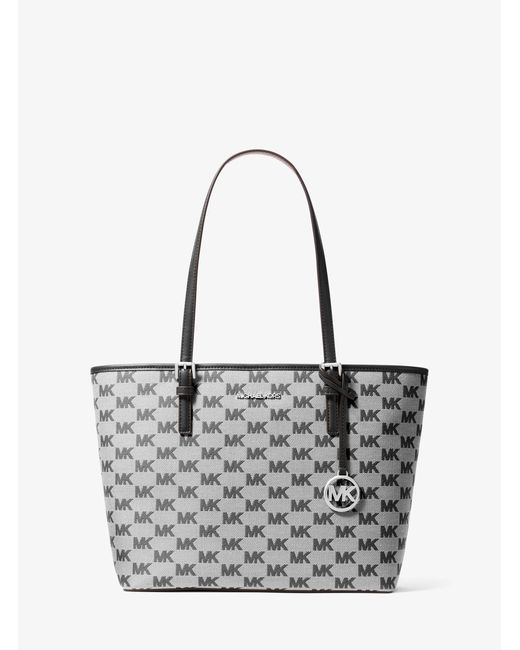 Michael Kors Outlet Gray Mk Jet Set Medium Logo Jacquard Tote Bag