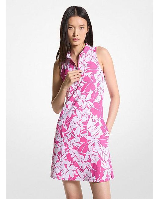 Michael Kors Pink Golf Palm Print Stretch Knit Zip-up Polo Dress