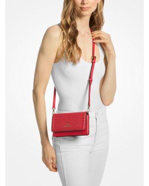 Michael Kors Red Jet Set Leather And Signature Logo Convertible Crossbody Bag