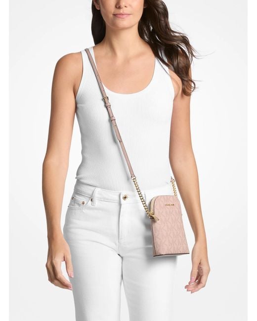 Michael Kors Outlet Natural Mk Small Signature Logo Smartphone Crossbody Bag