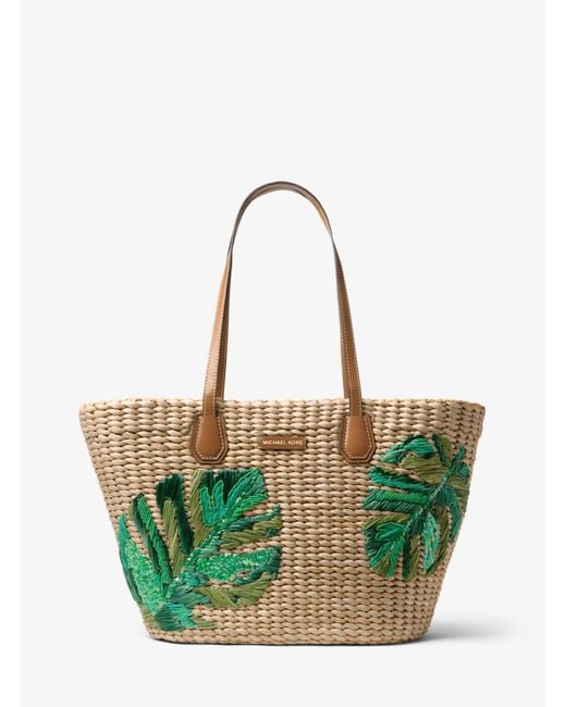 Michael Kors Multicolor Malibu Palm Embroidered Woven Straw Tote Bag