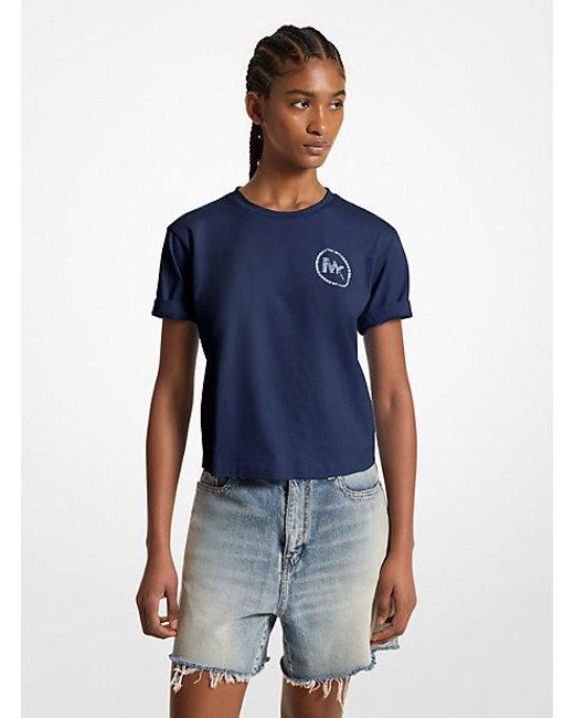 Michael Kors Blue Embellished Logo Organic Cotton T-shirt