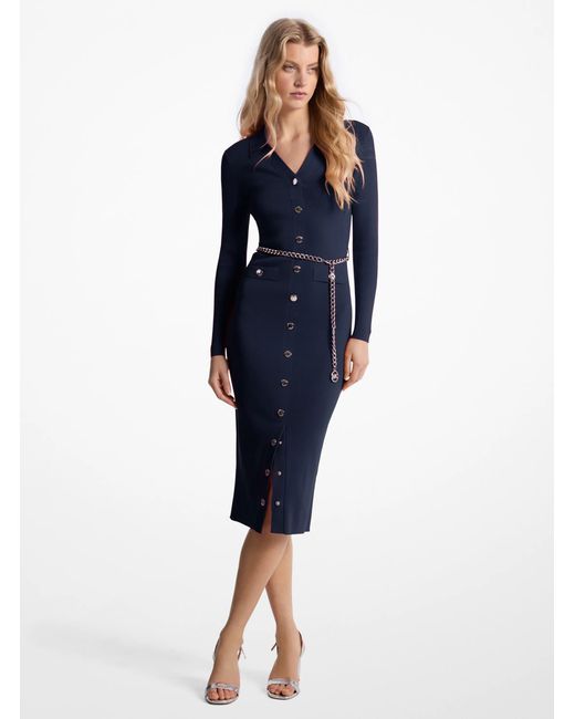 Michael Kors Outlet Blue Mk Stretch Knit Belted Dress