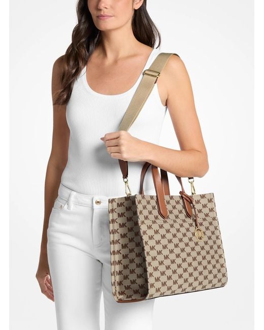 Michael Kors Outlet Brown Mk Gigi Large Logo Jacquard Large Tote Bag