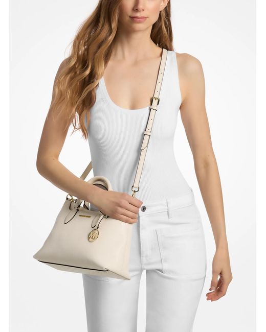 Michael Kors Outlet Natural Mk Austen Small Leather Satchel