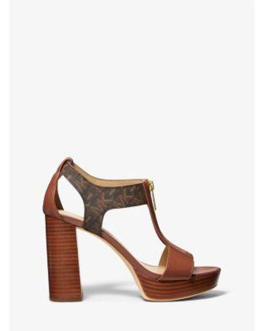 Michael Kors Brown Berkley Empire Signature Logo And Leather Block-heel Sandal
