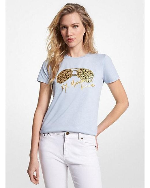 Michael Kors White Metallic Logo Aviator Print Organic Cotton T-shirt