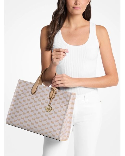 Michael Kors Outlet Natural Mk Gigi Large Logo Jacquard Large Tote Bag