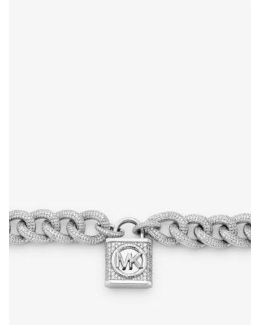 Michael Kors White Mk Precious Metal-Plated Brass Pavé Lock Curb Link Necklace