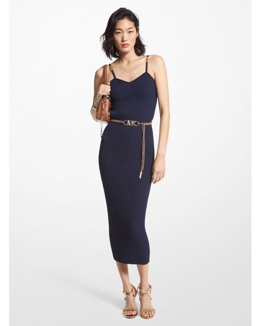 Michael Kors Blue Ribbed Stretch Viscose Belted Bustier Dress