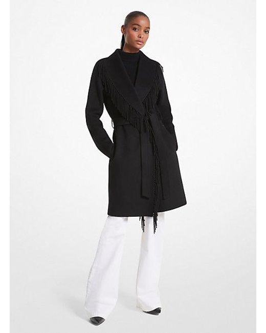 Michael Kors Black Fringe Wool Blend Belted Coat