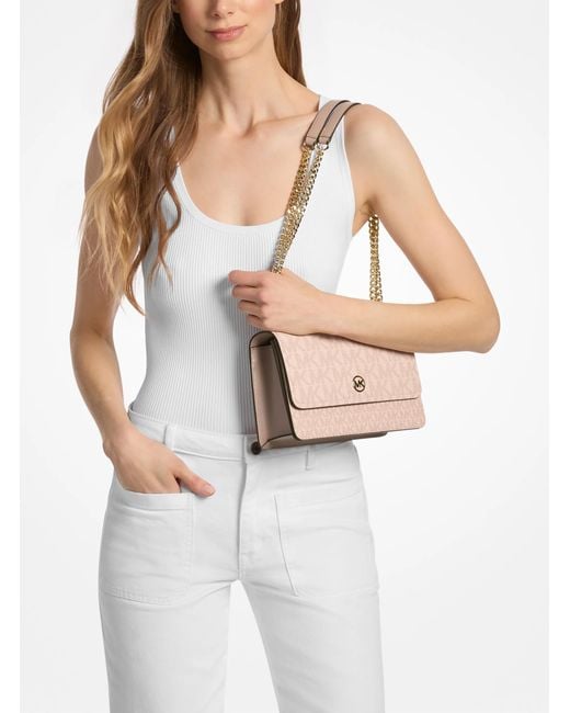 Michael Kors Outlet Pink Mk Abbott Medium Signature Logo Shoulder Bag