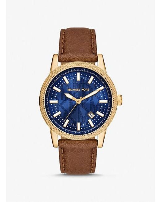 Michael Kors Blue Oversized Hutton Gold-tone And Leather Watch for men